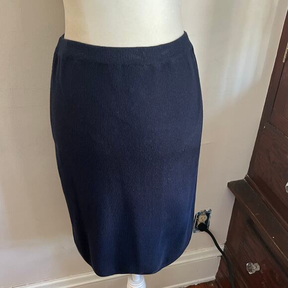 90s Vintage Navy Blue Knit Pencil Skirt Size 6 Straight Midi Elastic Waist Basic - Picture 3 of 14